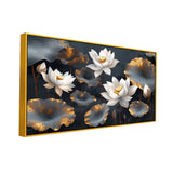 White and Golden Lotus Digital Printed Floral Canvas Wall Painting