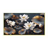 White and Golden Lotus Digital Printed Floral Canvas Wall Painting