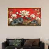 White & Golden Lotus Floral Vastu Canvas Wall Painting for Home Décor
