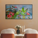 Beautiful Wall Painting of Cute Parrot Couple Sitting on Floral Branch