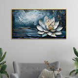 White Lotus Flower on Navy Background Floating Frame Canvas Wall Painting