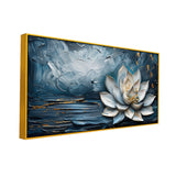 White Lotus Flower on Navy Background Floating Frame Canvas Wall Painting