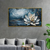 White Lotus Flower on Navy Background Floating Frame Canvas Wall Painting