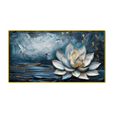 White Lotus Flower on Navy Background Floating Frame Canvas Wall Painting