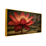 Dragonfly on Red Lotus Flower Canvas Painting for Home and Office Décor