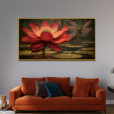 Dragonfly on Red Lotus Flower Canvas Painting for Home and Office Décor