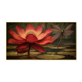 Dragonfly on Red Lotus Flower Canvas Painting for Home and Office Décor