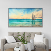 Floating Framed Canvas Wall Painting Of Yacht On Island In Turquoise Sea