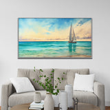Floating Framed Canvas Wall Painting Of Yacht On Island In Turquoise Sea