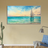 Floating Framed Canvas Wall Painting Of Yacht On Island In Turquoise Sea
