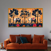 Traditional Gond Art Elephants and Trees Madhubani Canvas Wall Painting