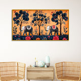 Traditional Gond Art Elephants and Trees Madhubani Canvas Wall Painting