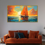 Abstract Canvas Painting of A Sailboat in the Ocean with a Sunrise
