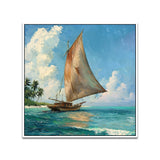 Tropical Ocean Seascape Painting with Wooden Boat & Palm Trees