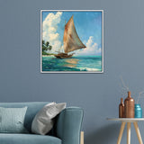 Tropical Ocean Seascape Painting with Wooden Boat & Palm Trees