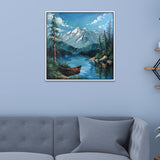 Snow Capped Mountain Nature Painting with Boat, Trees for Home Décor