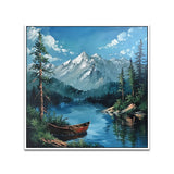 Snow Capped Mountain Nature Painting with Boat, Trees for Home Décor