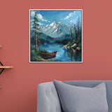 Snow Capped Mountain Nature Painting with Boat, Trees for Home Décor