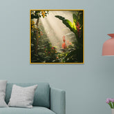 Tropical Jungle Canvas Wall Painting with Lush Greenery & Exotic Flowers