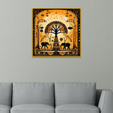 Warli-Inspired Elephant Artwork Tribal Tree of Life Canvas Wall Painting