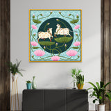 Traditional Pichwai Canvas Painting of Cows with Lotus Flowers