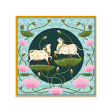 Traditional Pichwai Canvas Painting of Cows with Lotus Flowers