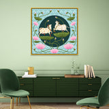 Traditional Pichwai Canvas Painting of Cows with Lotus Flowers