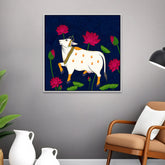 Elegant Pichwai Canvas Painting of Cow with Lotus Flower for Puja Room Décor