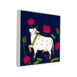 Elegant Pichwai Canvas Painting of Cow with Lotus Flower for Puja Room Décor