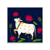 Elegant Pichwai Canvas Painting of Cow with Lotus Flower for Puja Room Décor
