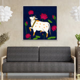 Elegant Pichwai Canvas Painting of Cow with Lotus Flower for Puja Room Décor