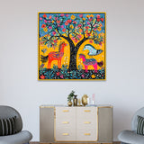 Madhubani Canvas Painting with Nature and Wildlife Depicted in Festive Colors