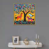 Madhubani Canvas Painting with Nature and Wildlife Depicted in Festive Colors