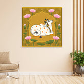 Traditional Pichwai Square Canvas Painting of Cows with Lotus Flowers
