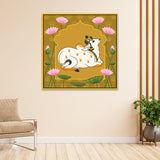 Traditional Pichwai Square Canvas Painting of Cows with Lotus Flowers