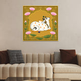 Traditional Pichwai Square Canvas Painting of Cows with Lotus Flowers