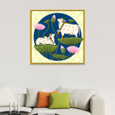 Exquisite Pichwai Square Canvas Painting with Cow and Lotus Design FF052