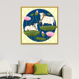 Exquisite Pichwai Square Canvas Painting with Cow and Lotus Design FF052