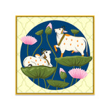 Exquisite Pichwai Square Canvas Painting with Cow and Lotus Design FF052
