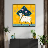 Exquisite Pichwai Square Canvas Painting with Cow and Lotus Design FF053
