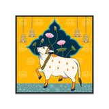 Exquisite Pichwai Square Canvas Painting with Cow and Lotus Design FF053