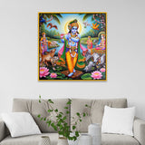 Krishna with Flute and Cow Square Canvas Painting for Wall Decoration