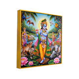 Krishna with Flute and Cow Square Canvas Painting for Wall Decoration