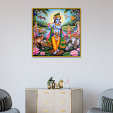 Krishna with Flute and Cow Square Canvas Painting for Wall Decoration