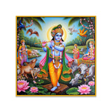 Krishna with Flute and Cow Square Canvas Painting for Wall Decoration