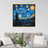 Abstract Wall Painting of Swirling Night Sky Filled with Stars and Bright Moon Over a Village