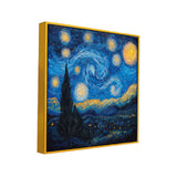 Abstract Wall Painting of Swirling Night Sky Filled with Stars and Bright Moon Over a Village