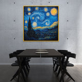 Abstract Wall Painting of Swirling Night Sky Filled with Stars and Bright Moon Over a Village