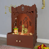 Beautiful Design of Shri Ganesh Floor Temple with Spacious Wooden Shelf & Inbuilt Focus Light- Brown Finish