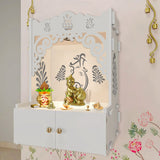 Beautiful Design of Lord Ganesh White Wooden Wall Temple for Home With Inbuilt focus Lights & Spacious Shelf